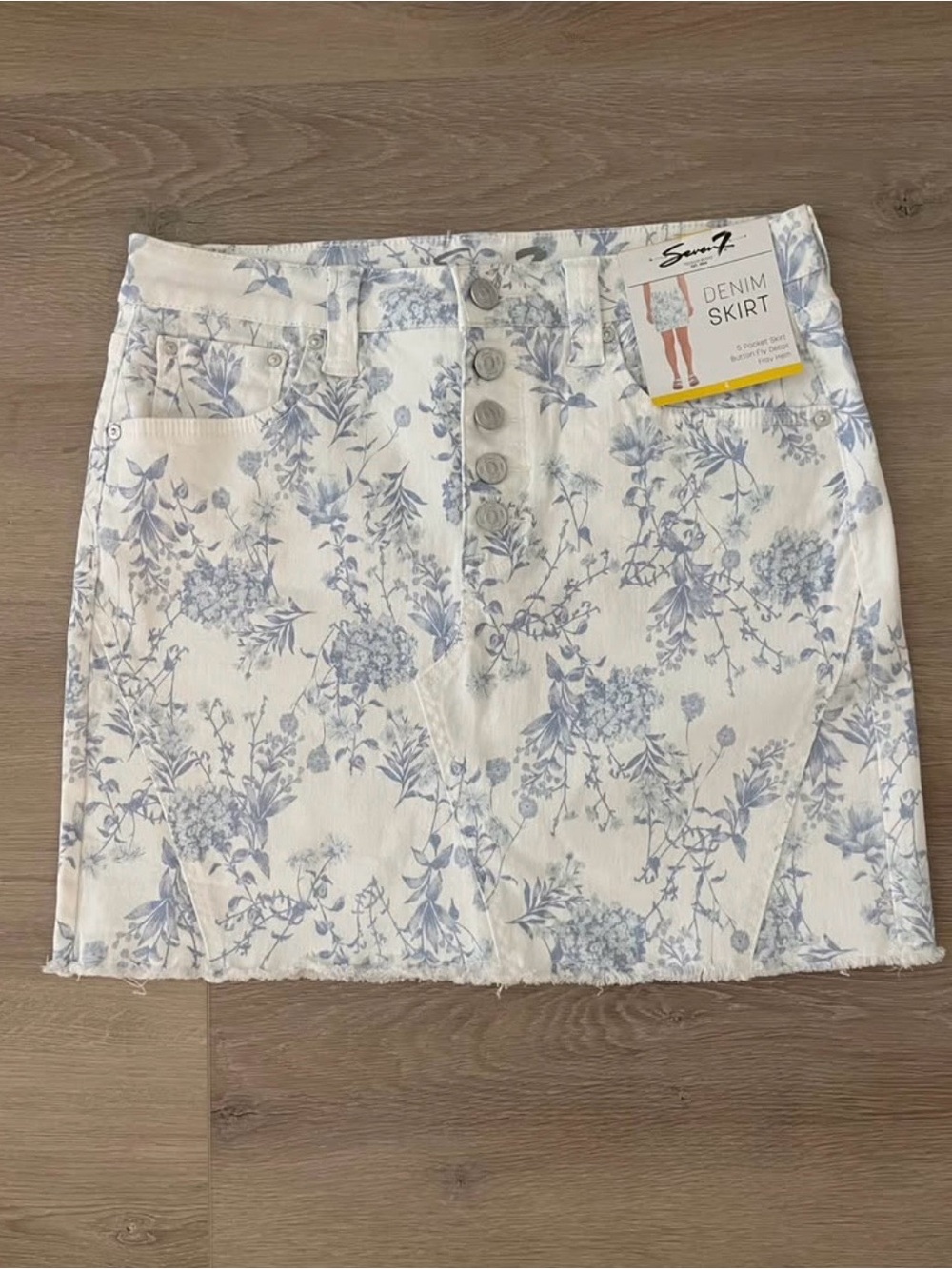 Seven7 White Denim Mini Skirt with Light Blue Floral Print